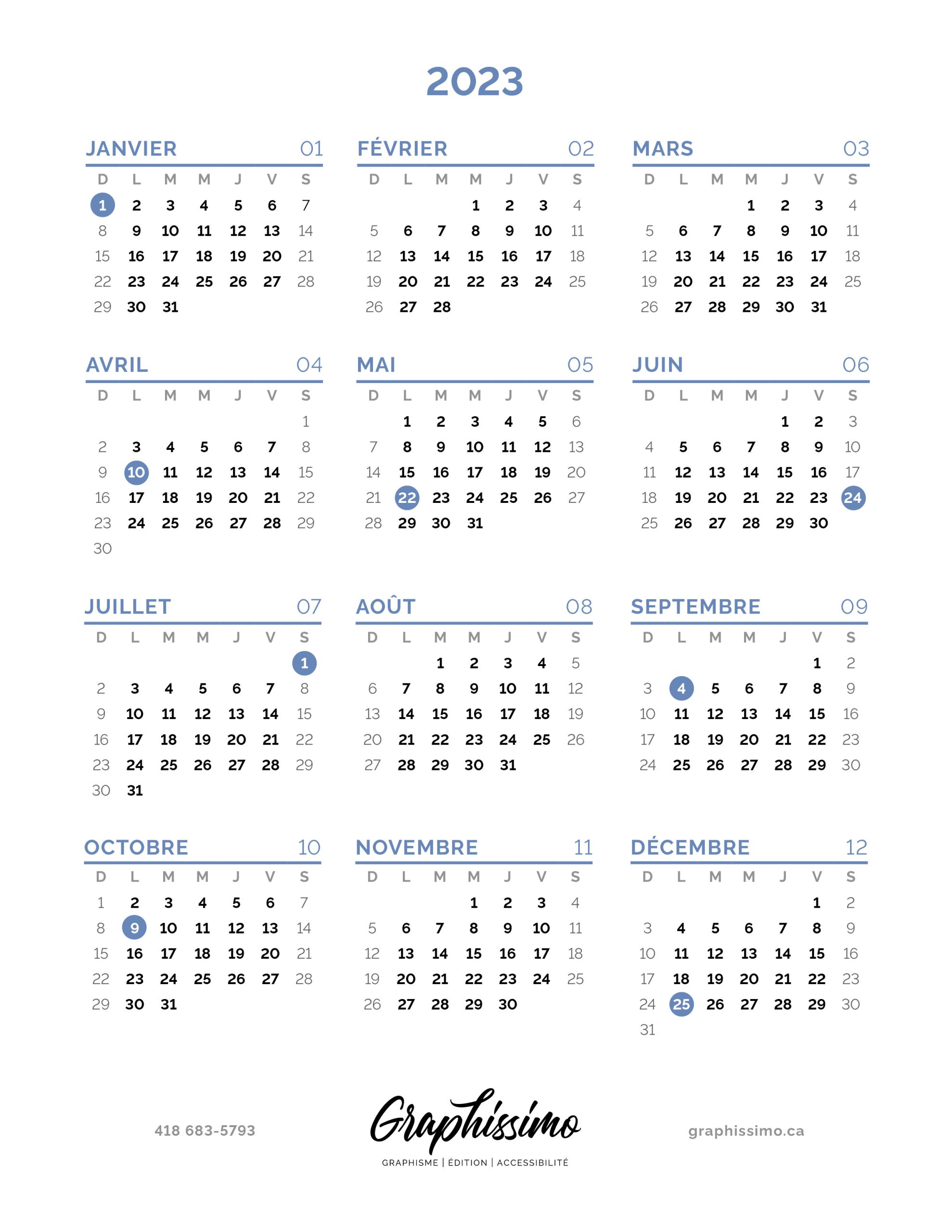 Calendrier 2023 avec les jours fériés du Québec